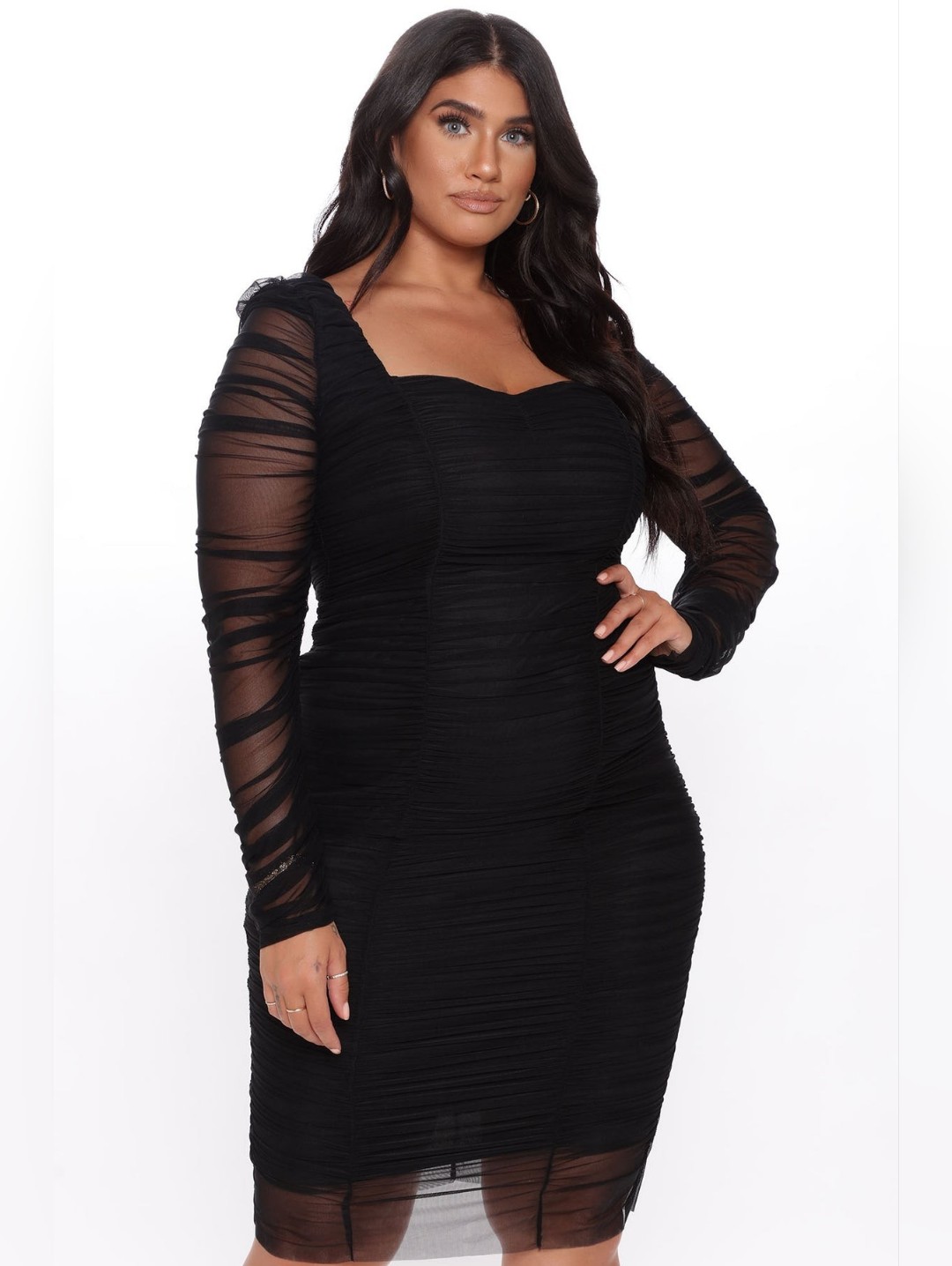 Fashion Nova Curve | Did You Mesh Me Ruched Midi Dress | Black | 1x